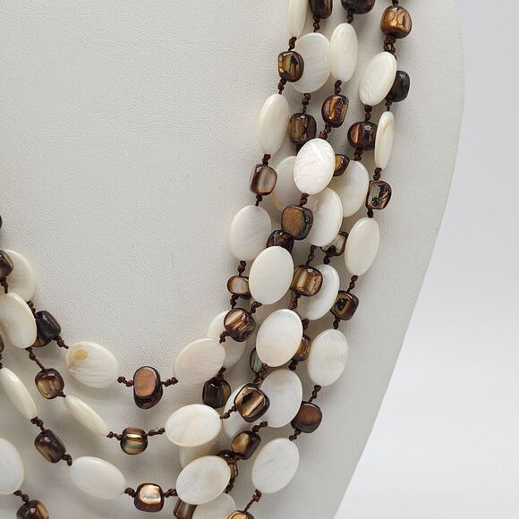 Multi Layer White Mother of Pearl Brown Shell Necklace With Toggle Closure - Picture 4 of 6